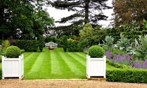 Classic english garden with white bench