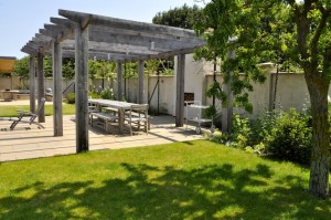 Swimming pool courtyard with pergola