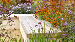 The entertainers garden with bench and orange flowers
